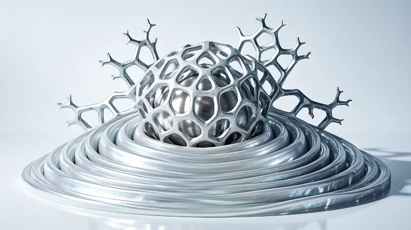 A perforated silver ball rests inside stacked metallic coils with branching structures behind it