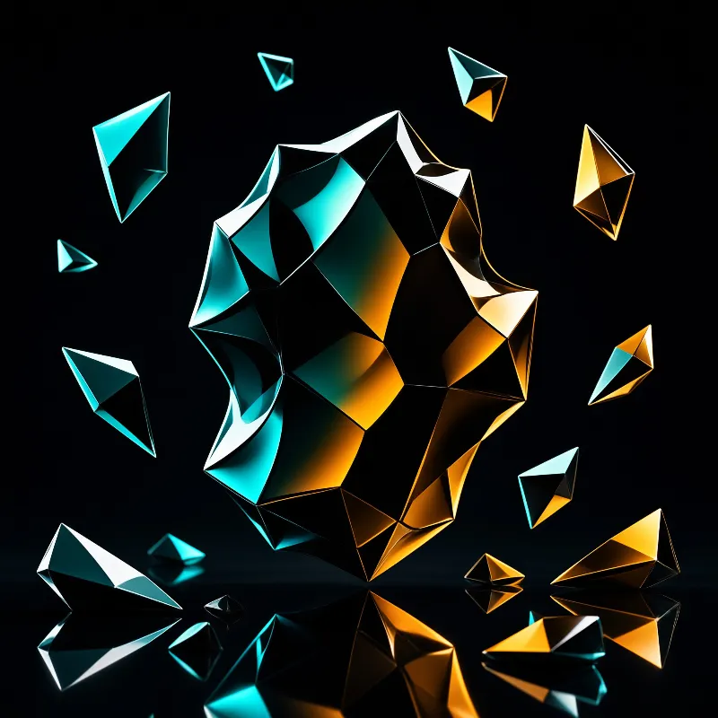 A large faceted crystal with blue and gold hues hovers above a reflective black surface amid scattered shards