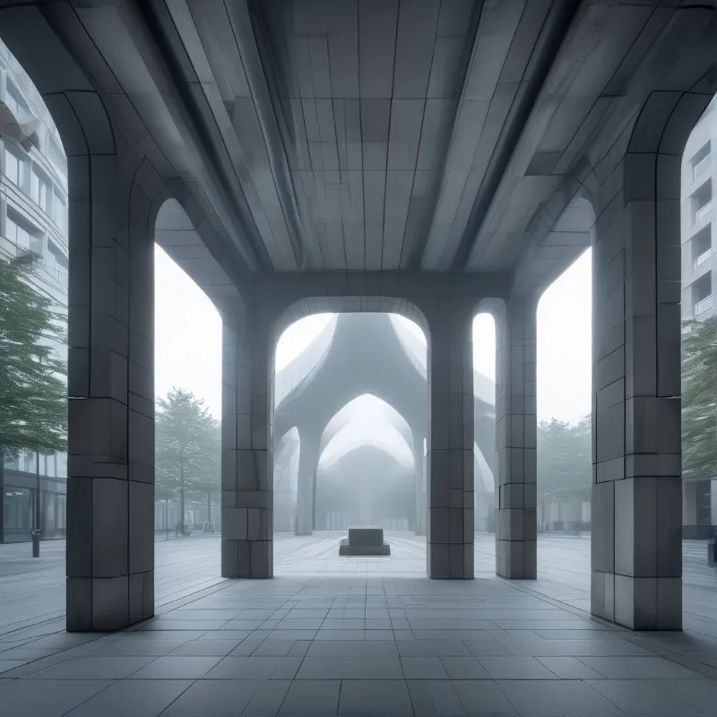 A symmetrical concrete colonnade with pointed arches frames a foggy plaza and central block in soft gray light.