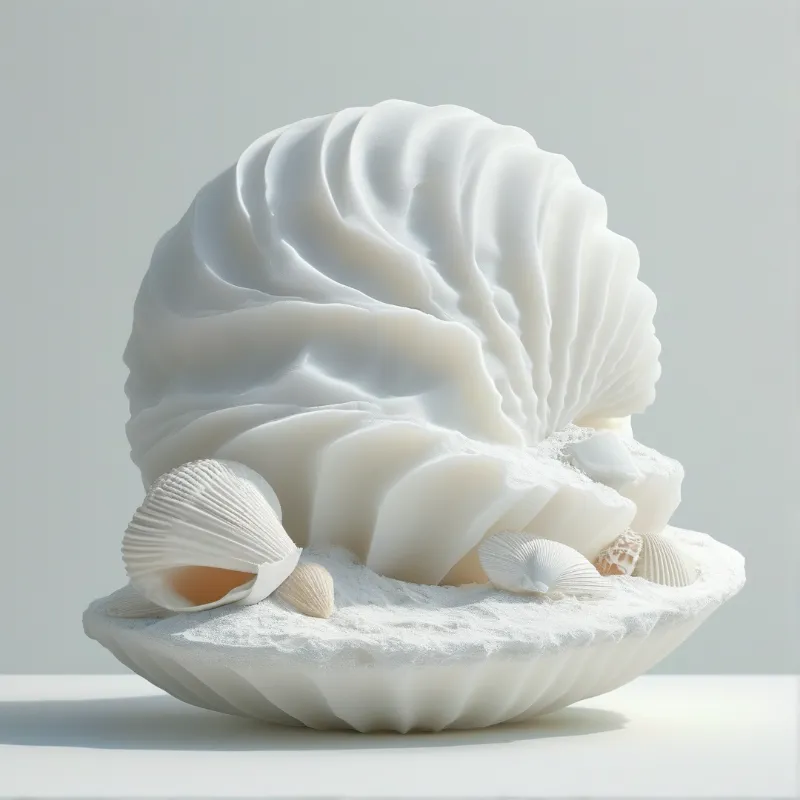 A white sculptural shell on a sandy base with small seashells, bathed in soft directional light against a pale background.