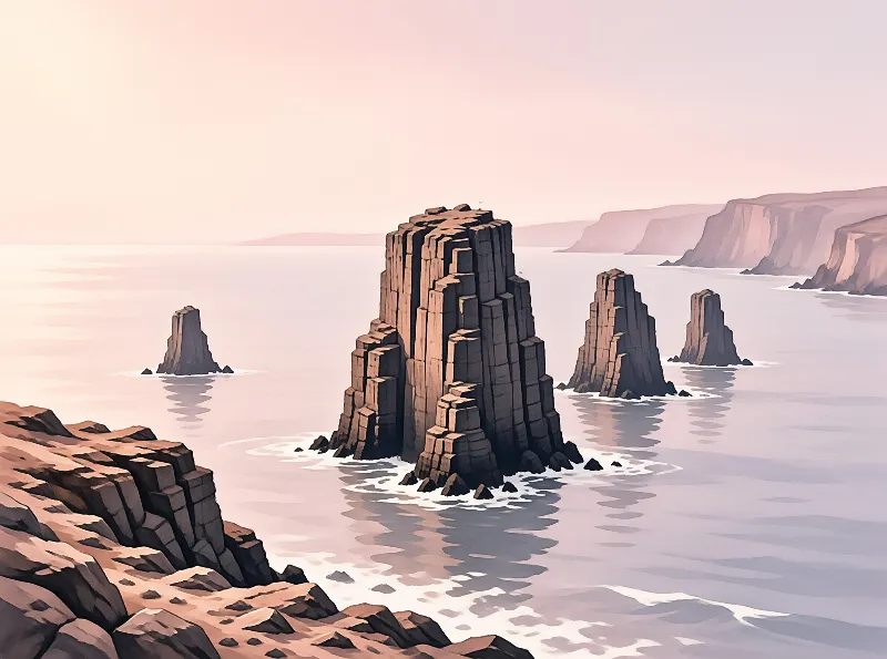 Tall hexagonal rock formations rise from the ocean under a pale pink sky with rocky cliffs in the background.