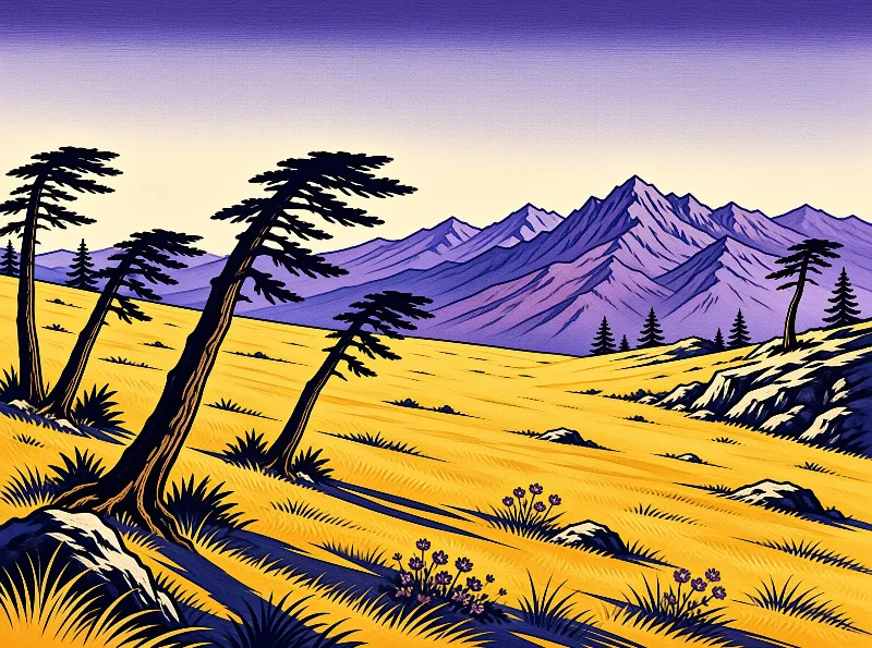 Dark coniferous trees lean rightward across a bright yellow meadow with jagged purple peaks rising behind them.