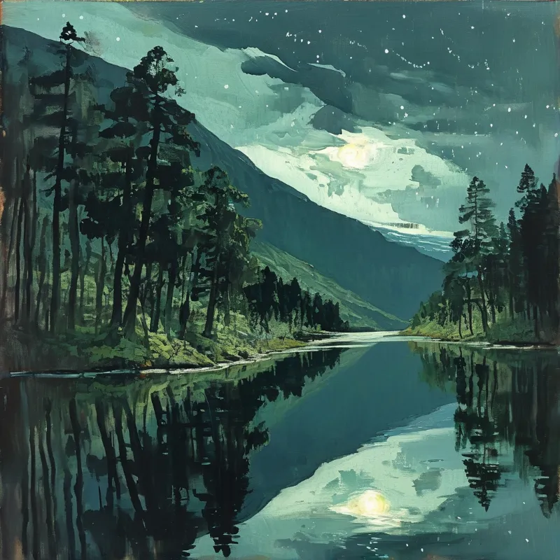 A moody nocturnal landscape of a calm mountain lake mirroring dark pines, a pale moon, and scattered stars