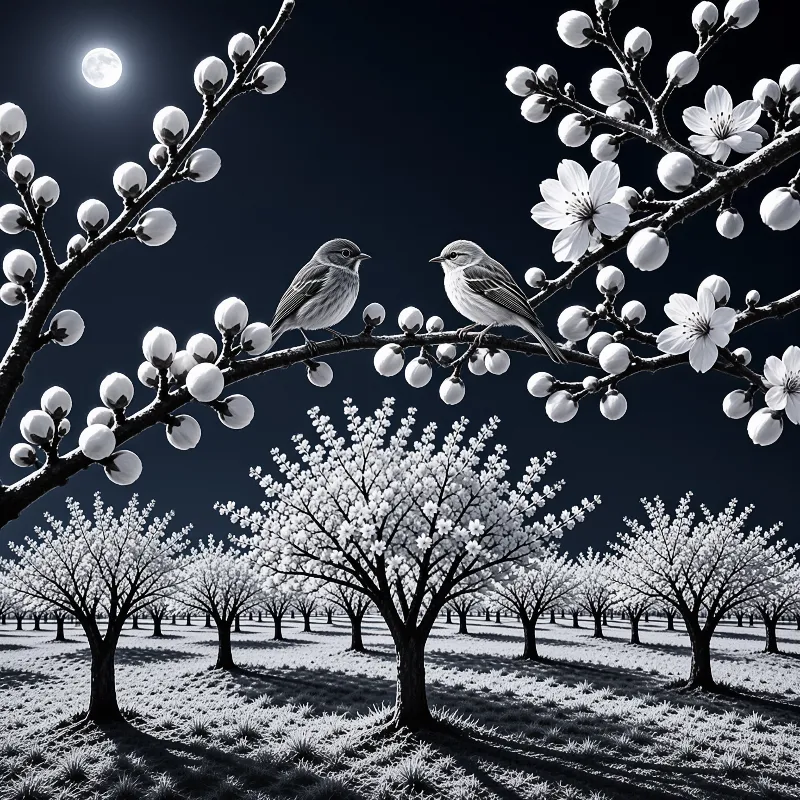 Two small birds perch on a flowering branch above a moonlit orchard in this black and white nature scene.