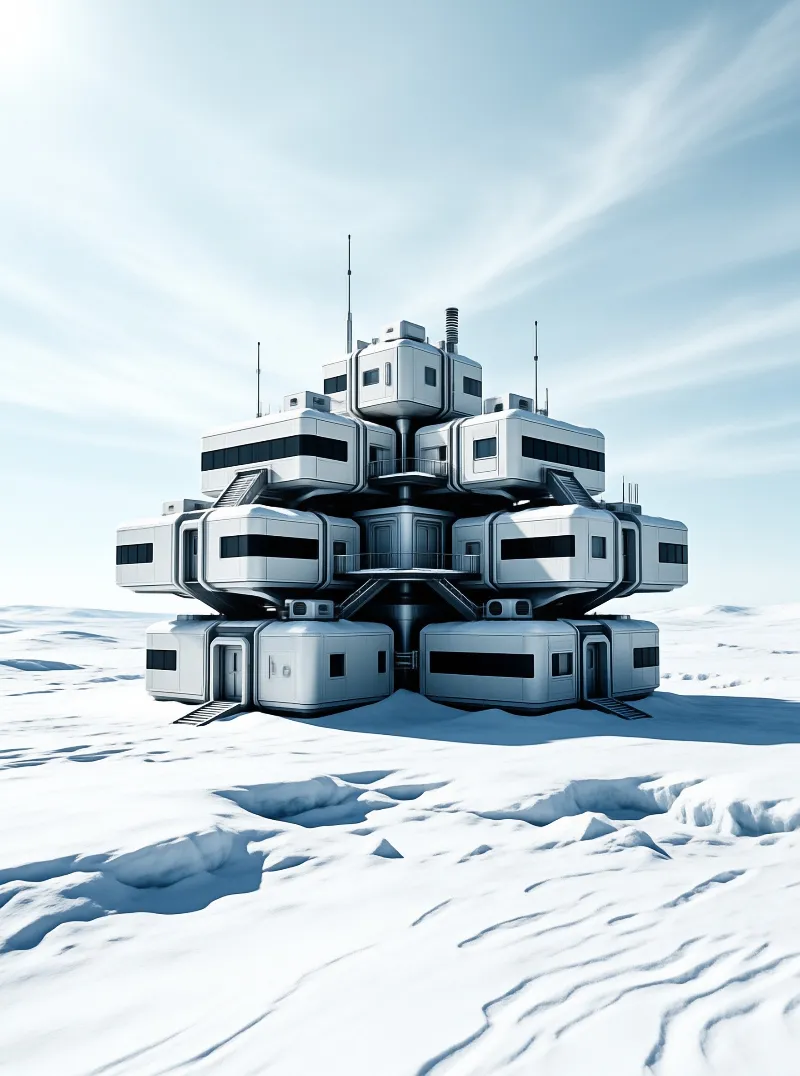 Futuristic white modular building with antennas stands on snowy ice field under pale blue sky with thin clouds.