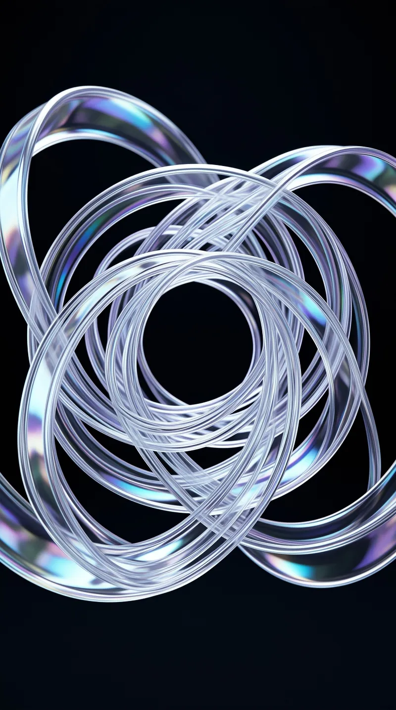Interlocking metallic rings float against black space showing iridescent purple and blue light reflections.