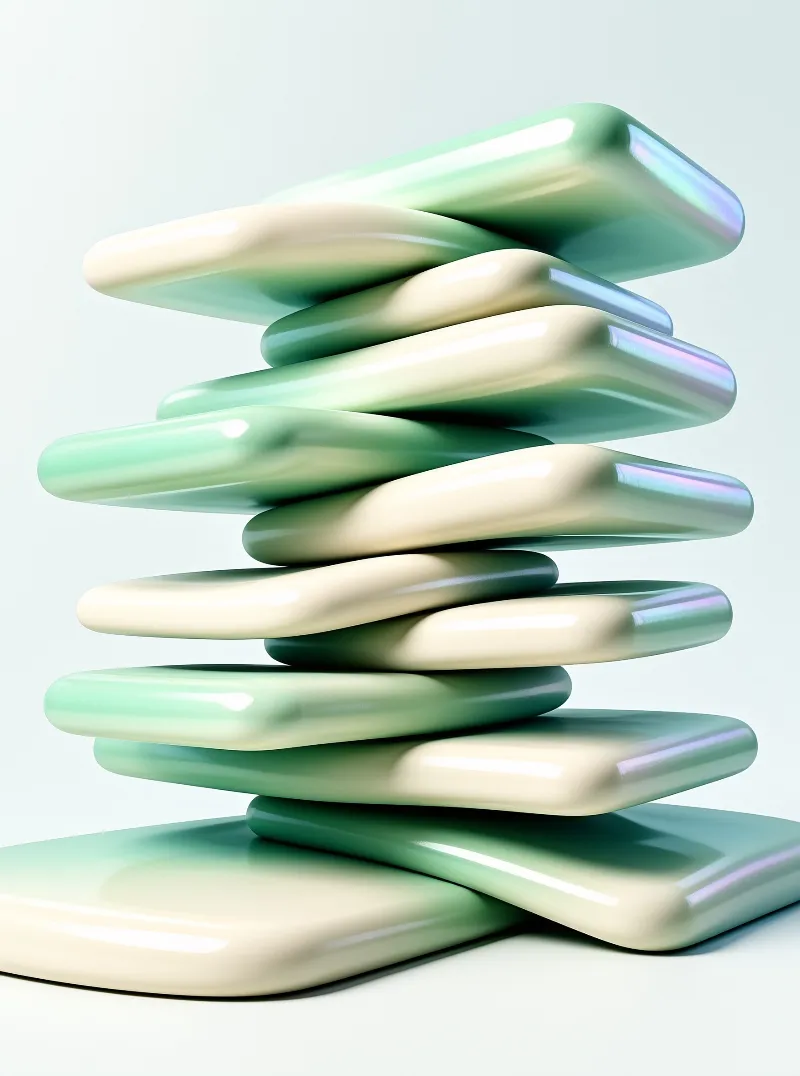 A vertical stack of smooth glossy mint and cream capsules balanced against a plain white space with soft lighting.
