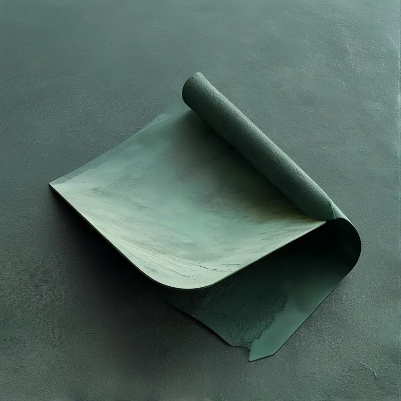 A rolled leather-like material rests on a matching textured surface under soft lighting, casting subtle shadows.