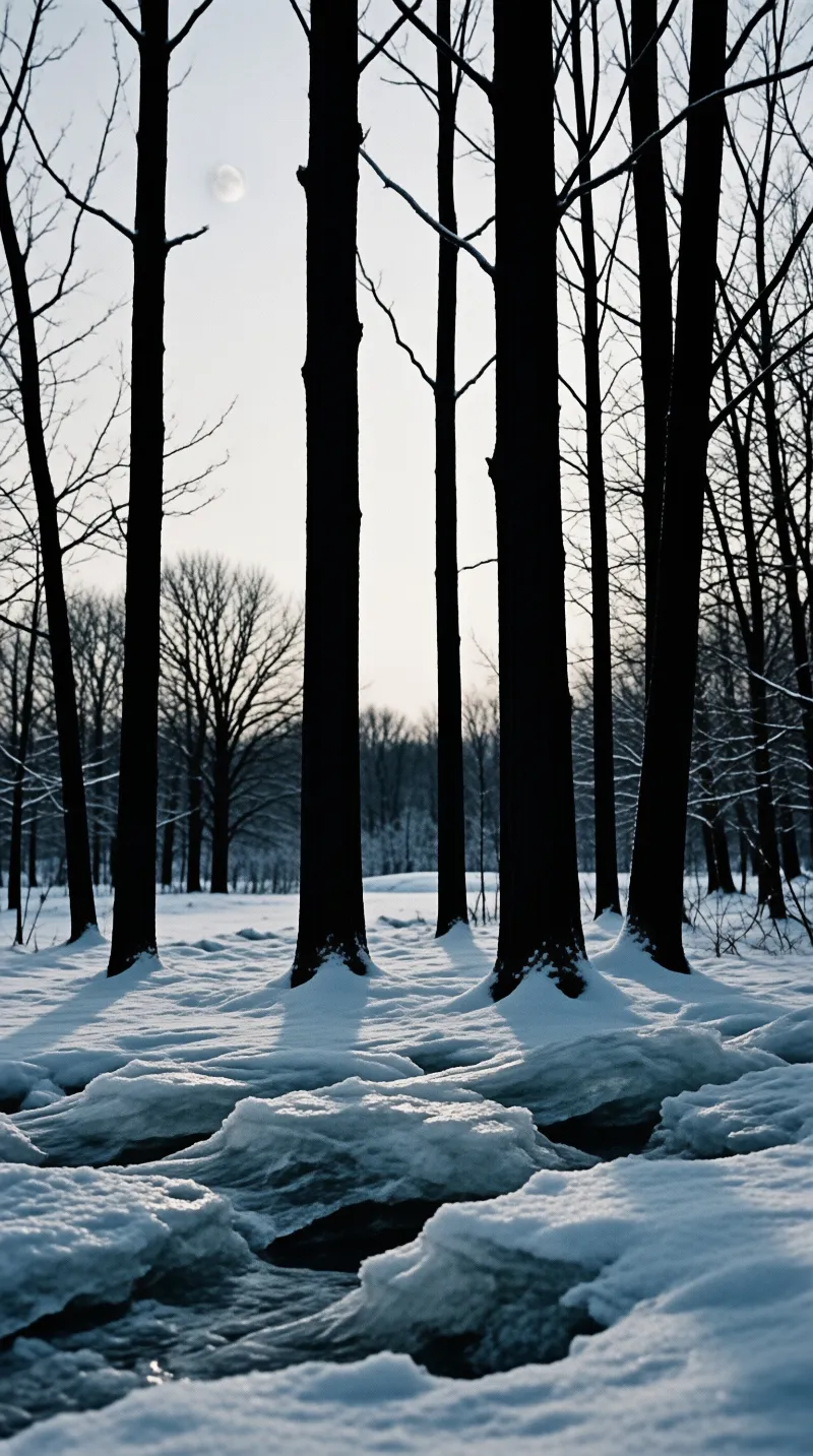 Dark tree trunks rise from deep snow drifts in a wintry forest while a pale moon hangs in the sky above branches.