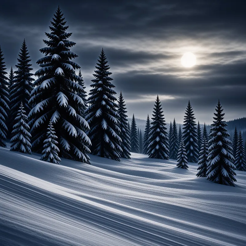 A bright moon glows through heavy cloud above a dark ridge of frosted evergreens on wind swept snow.