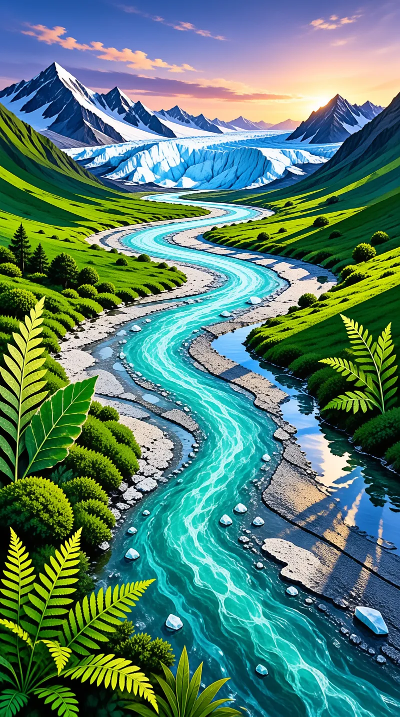A braided teal river snakes through vivid green meadows toward a distant ice field lit by a low golden sun.