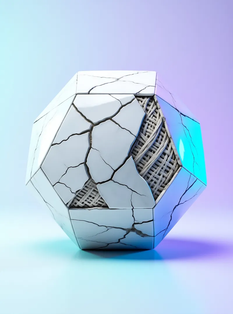 A white polyhedron with a cracked shell reveals a woven interior against a blue and purple gradient.