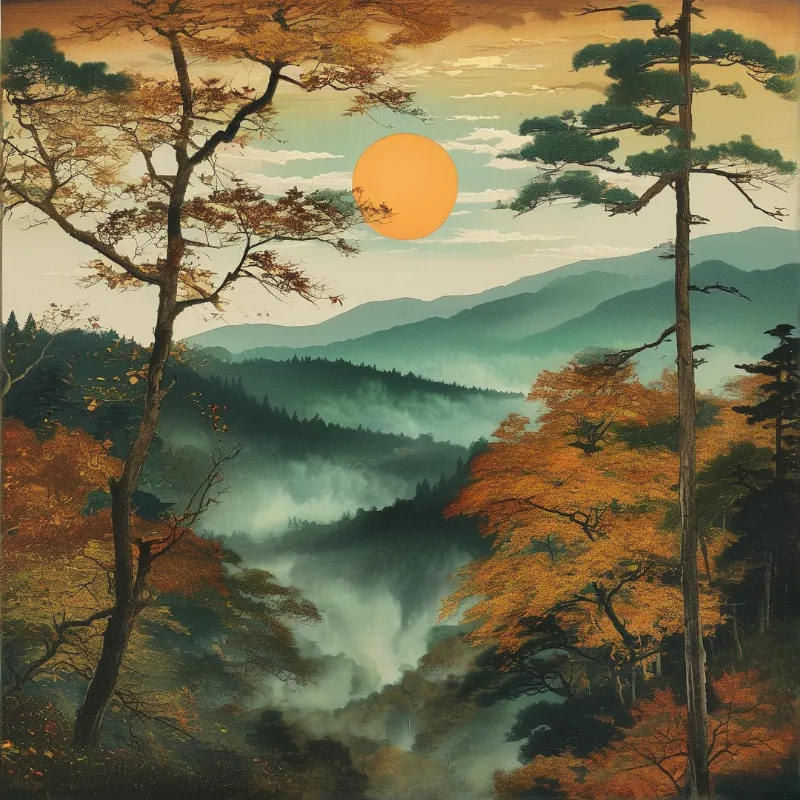 A tall pine tree and a bare maple frame a foggy valley with rolling mountains and a bright sun.