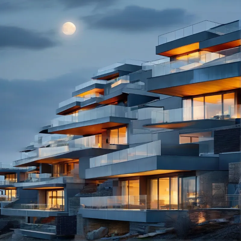 Stacked concrete balconies glow with warm light beneath a cloudy evening sky containing a bright moon.