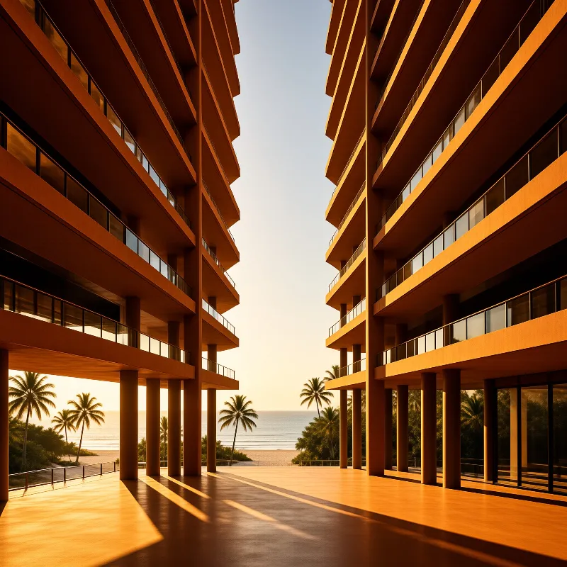 Two warm-toned apartment blocks mirror each other around a walkway that opens onto palms and calm water.