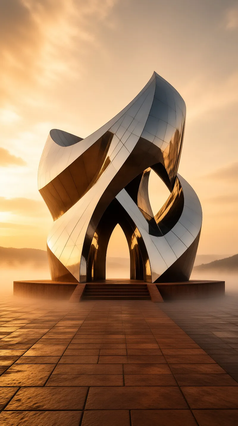 A polished metallic sculpture with flowing curved bands stands on a stone plaza surrounded by fog during a warm sunset.