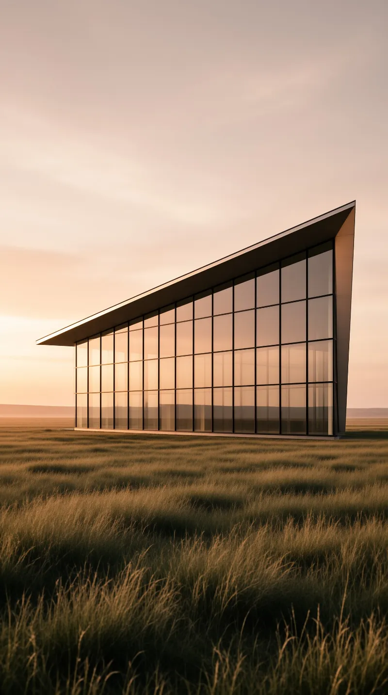 A modern glass pavilion with a slanted roof stands in a field of tall grass under a soft peach sunset sky