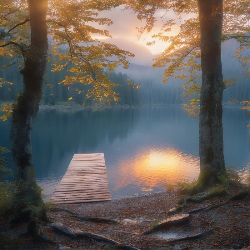 A wooden dock extends into a calm lake framed by two trees with golden leaves, warm sunlight reflecting on the water.