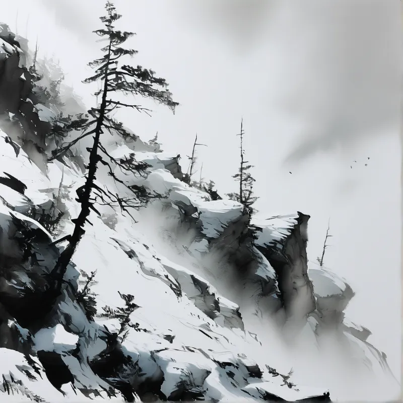 Monochromatic painting of pine trees on snow-covered mountain slopes in misty, foggy skies with dark rocky outcrops.