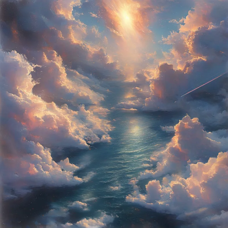 Painted view of a blue ocean between pink clouds, sunbeams shine on the water, a contrail runs along the right cloud bank.