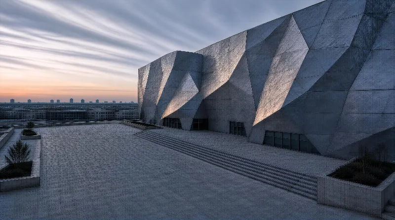 Modern Geometric Building at Sunset