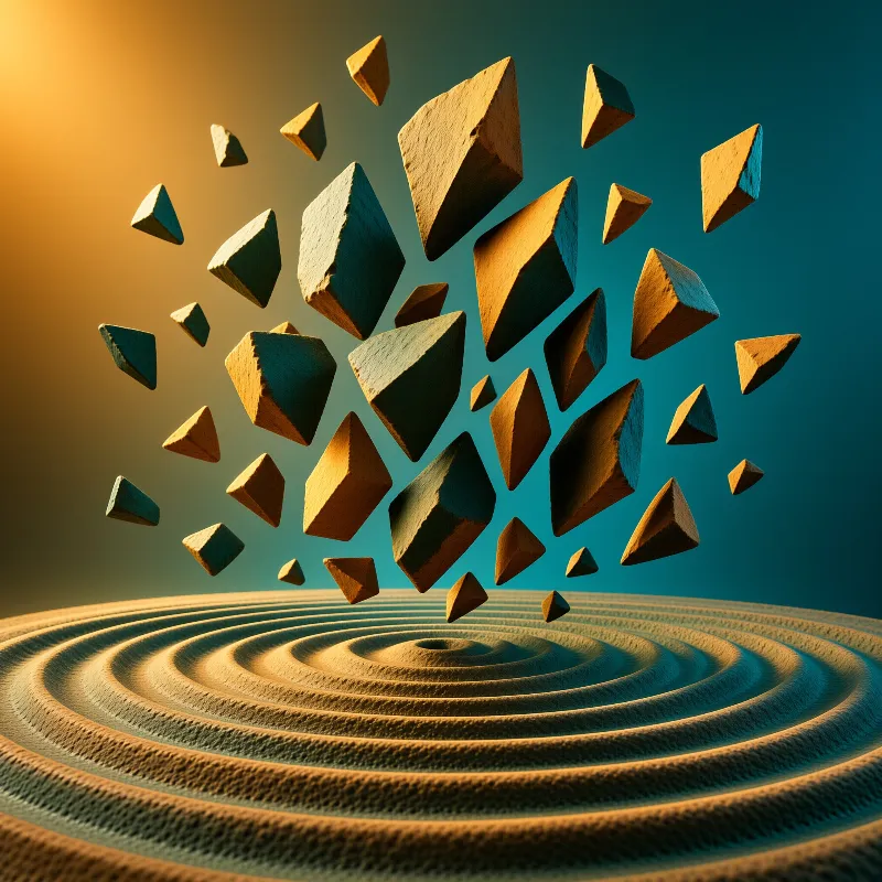 Angular sandy rock formations float upward in a dynamic cluster against a gradient of orange light and deep teal blue shadows.