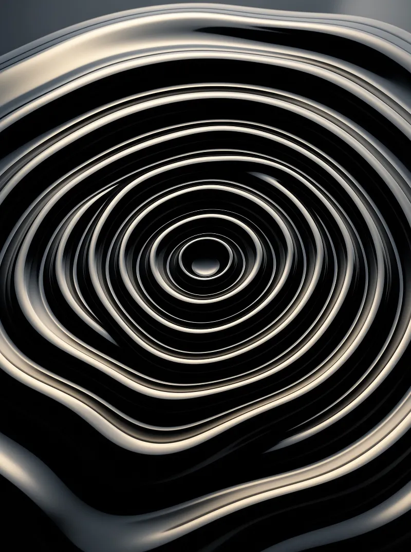 Ripples of polished chrome material curving inward toward a deep black focal point.