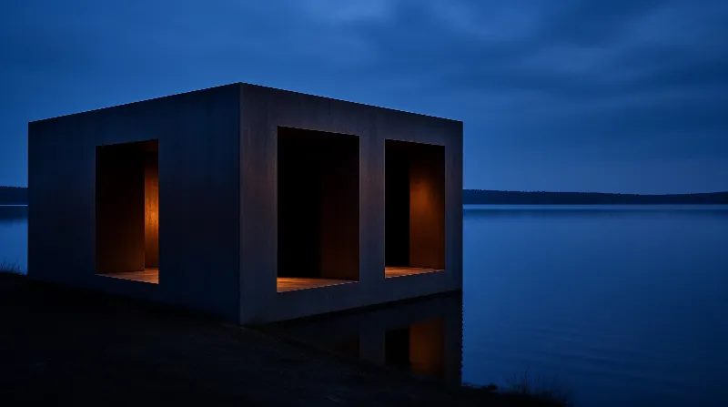 Minimalist concrete building sits on dark lake edge with warm orange light spilling from large windows.
