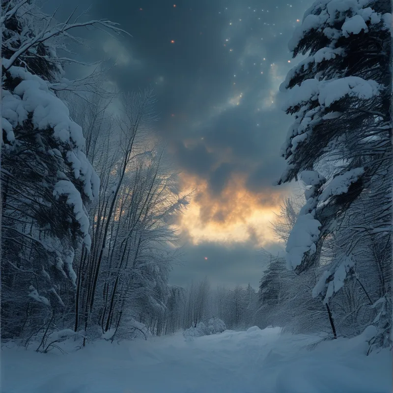 Dark evergreen trees heavy with snow frame a path under a sky with glowing orange clouds and scattered stars.