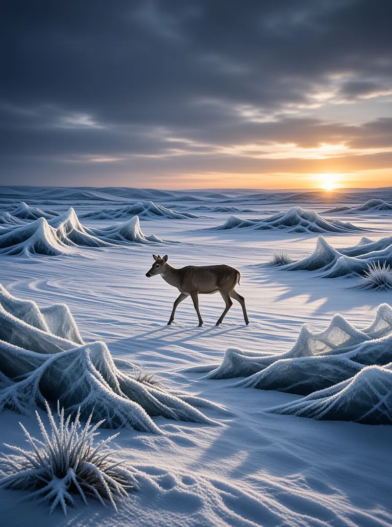 A brown deer walks across a snowy landscape featuring wind-sculpted dunes under a setting sun.