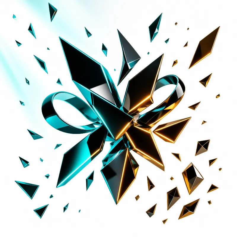 A glossy teal gift bow framed by dark crystal spikes and floating gold shards on a clean white surface.
