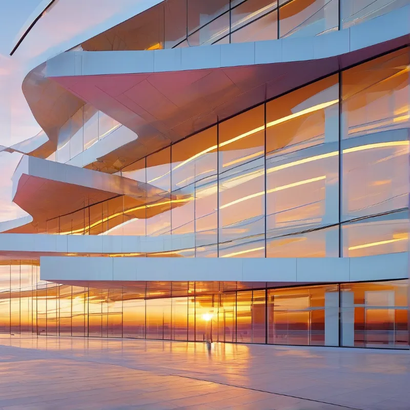 A curvilinear glass building with white metal accents reflects warm sunset light across its facade and paved plaza.