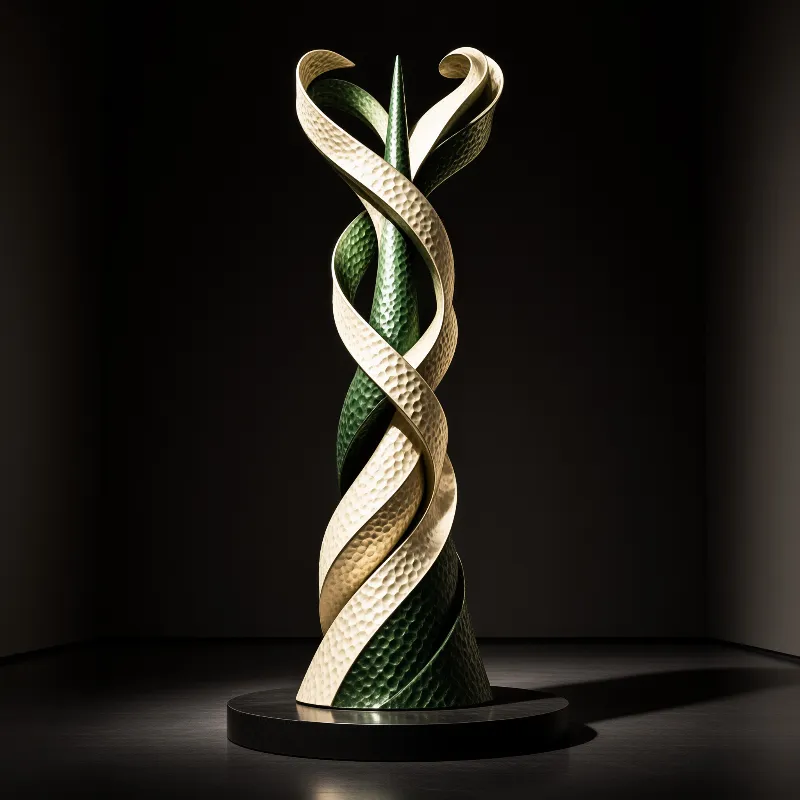 A hammered pale metal ribbon twists upward around a dimpled green cone on a round black base against a dark studio wall.