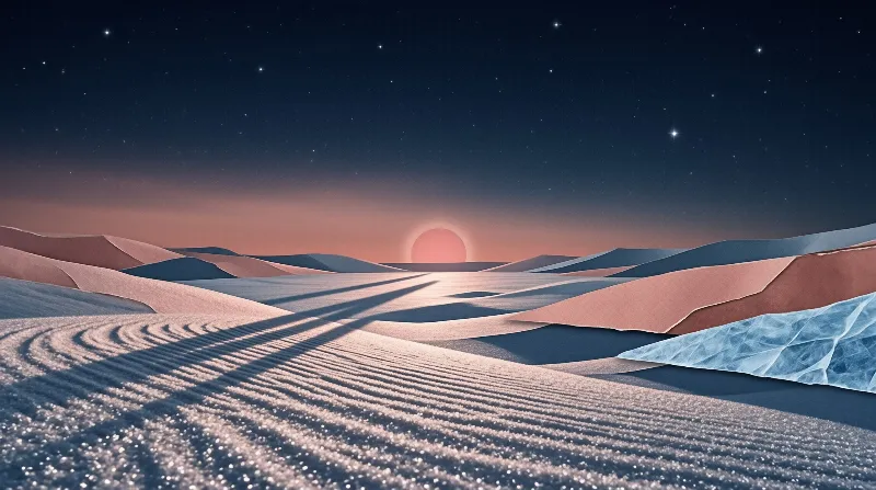 Glistening sand dunes ripple under a gradient sky with a low sun and scattered stars.