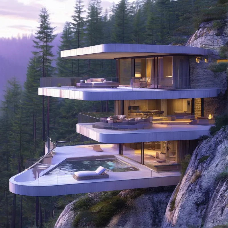A modern cliffside home features warm lights and a pool surrounded by a dense forest at dusk.