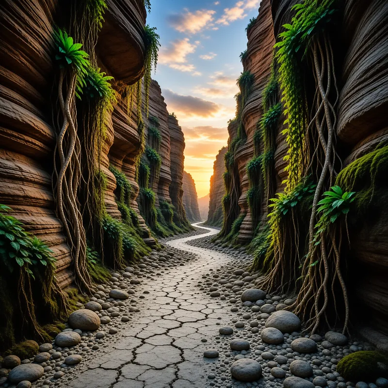 A dry riverbed winds through a narrow canyon where hanging vines drape the stone walls toward a glowing horizon