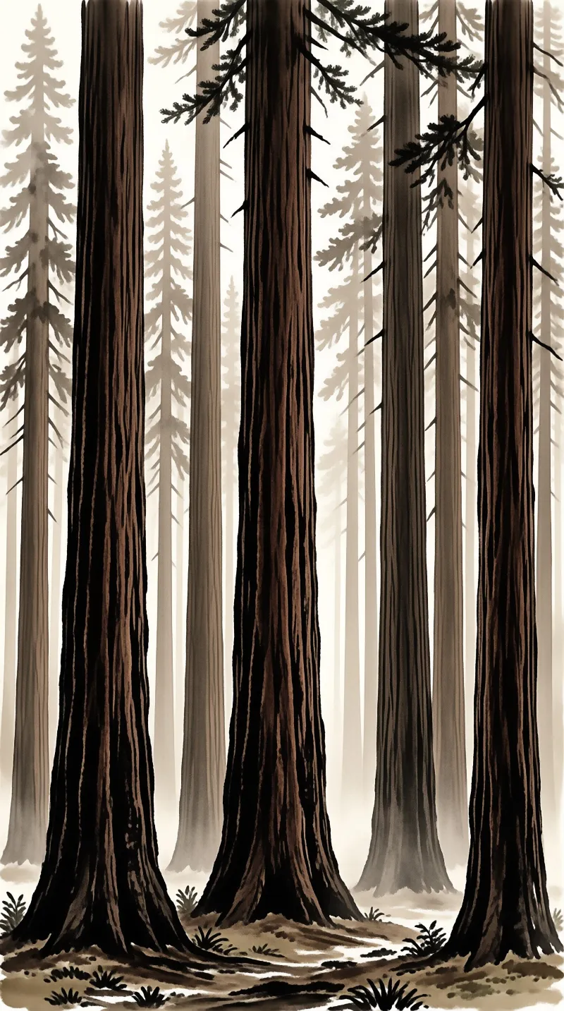 Illustration of massive dark tree trunks rising vertically against a hazy background of lighter pine trees and fog.