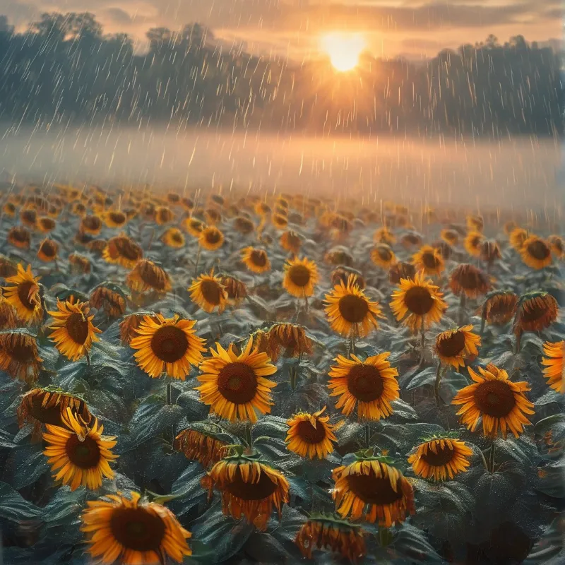 A vast field of yellow sunflowers stands in heavy rain while the sun shines through foggy clouds above the horizon.