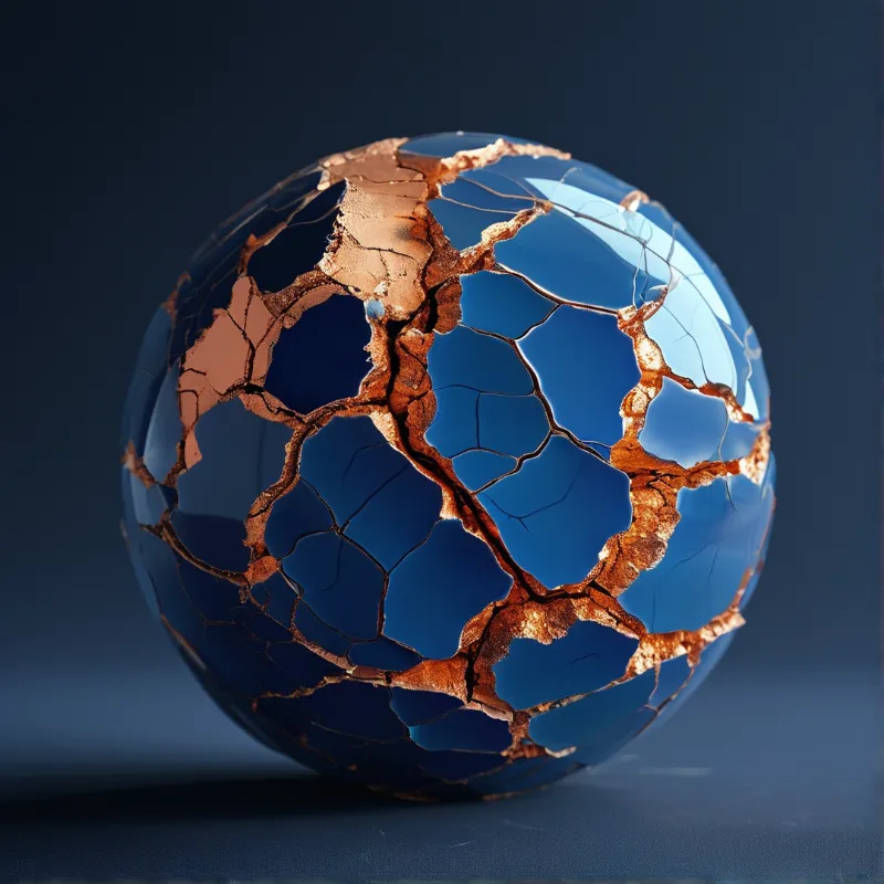 A glossy deep blue ceramic ball with jagged gilded cracks rests on a dark matte surface, lit by soft even studio light.