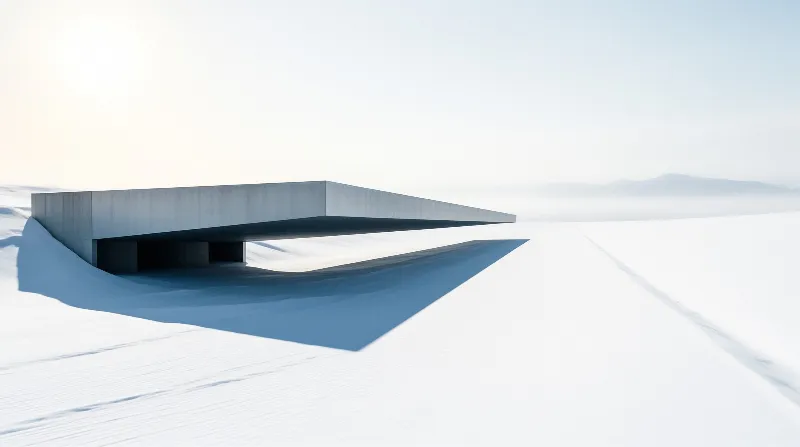A low angular concrete hall sinks into a wind-smoothed snowfield, casting a long blue shadow across the white plain.