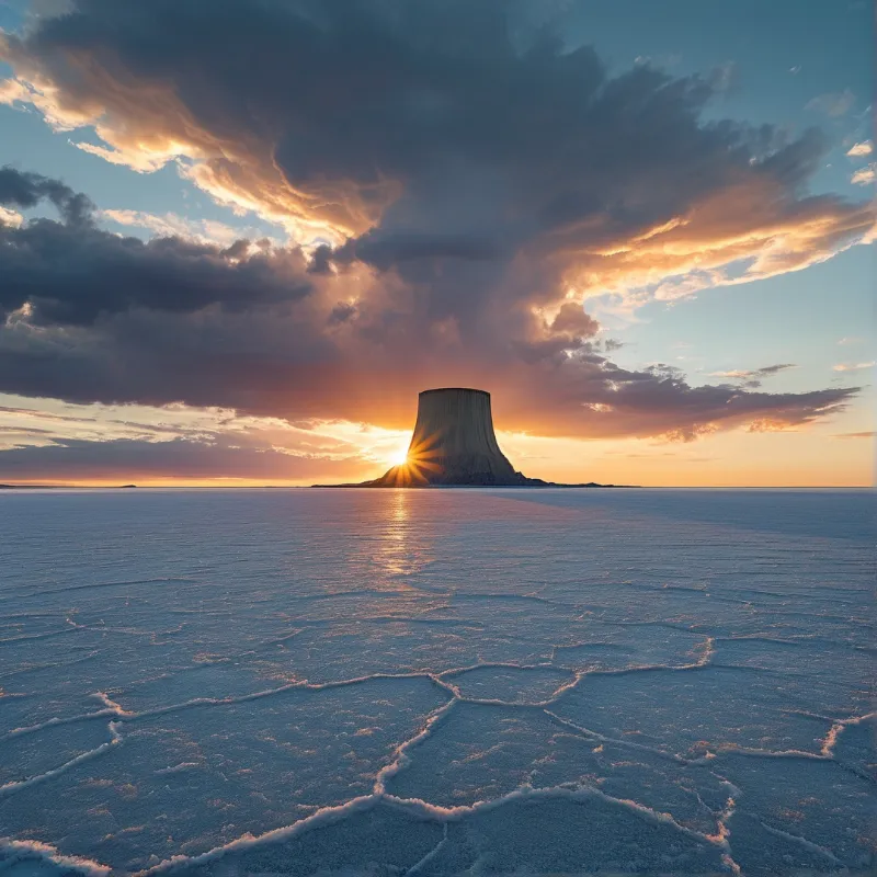 Lone cooling tower stands on horizon as sun bursts behind it, lighting cracked white salt flat under dramatic sky.