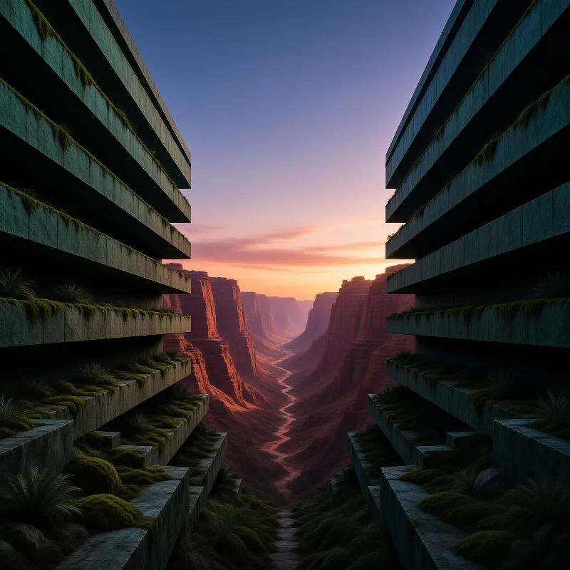 Mossy layered architectural structures stand on both sides of a deep red rock canyon under a purple sunset sky.