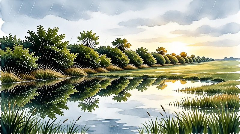 A gentle watercolor scene of leafy trees along a still river, streaked with falling rain and lit by a pale evening glow.