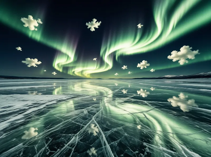 Cracked frozen water mirrors the swirling green aurora borealis and floating white clouds against a dark northern night sky.