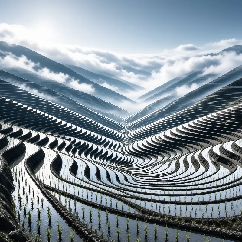 Expansive terraced paddies filled with water curve across the landscape under a bright blue sky with mist.