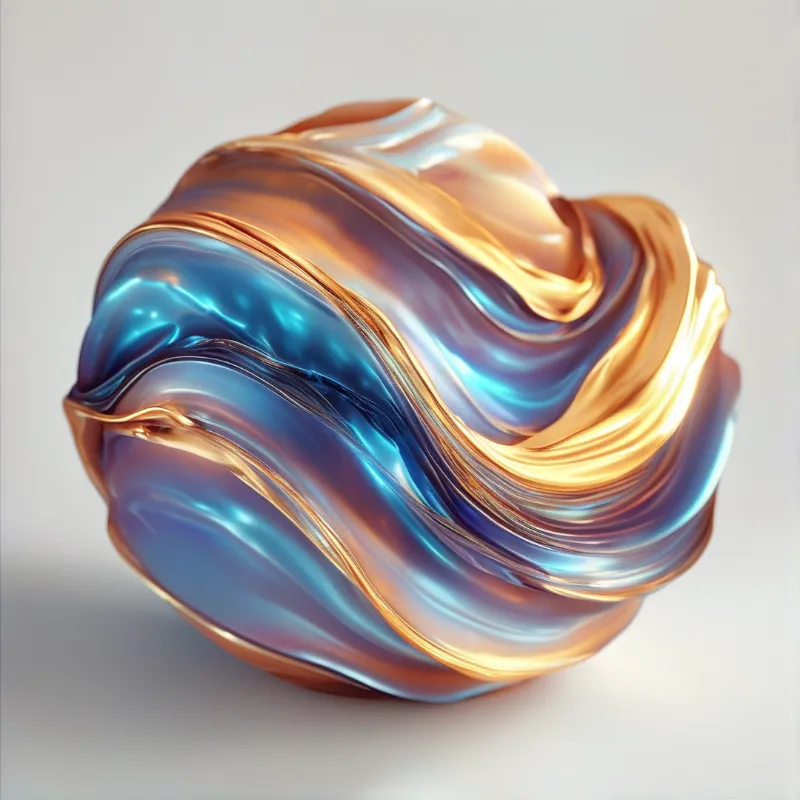 A glossy metallic orb melts with swirling ribbons of turquoise and molten gold against a pale gray backdrop.