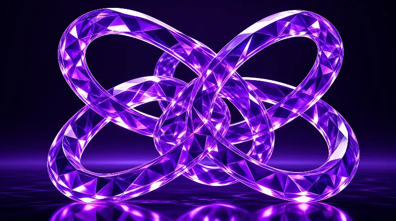 Three looping bands of cut glass interweave above a glossy plane, lit from within by deep purple light