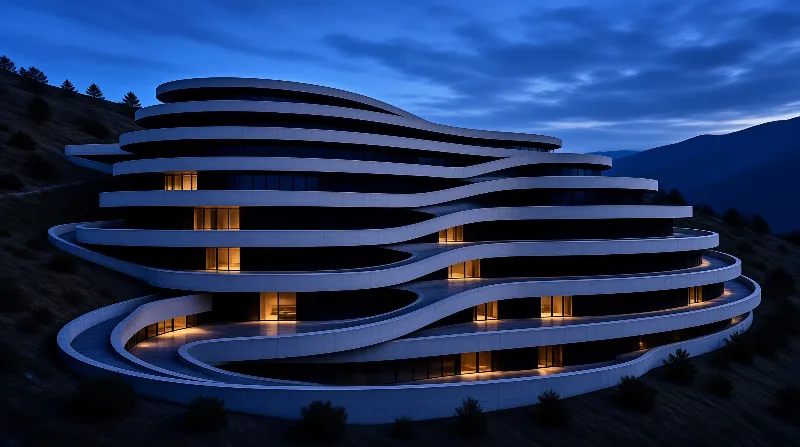 Stacked white terraces curve across a dark hillside while warm interior lights glow beneath a deep blue dusk sky.