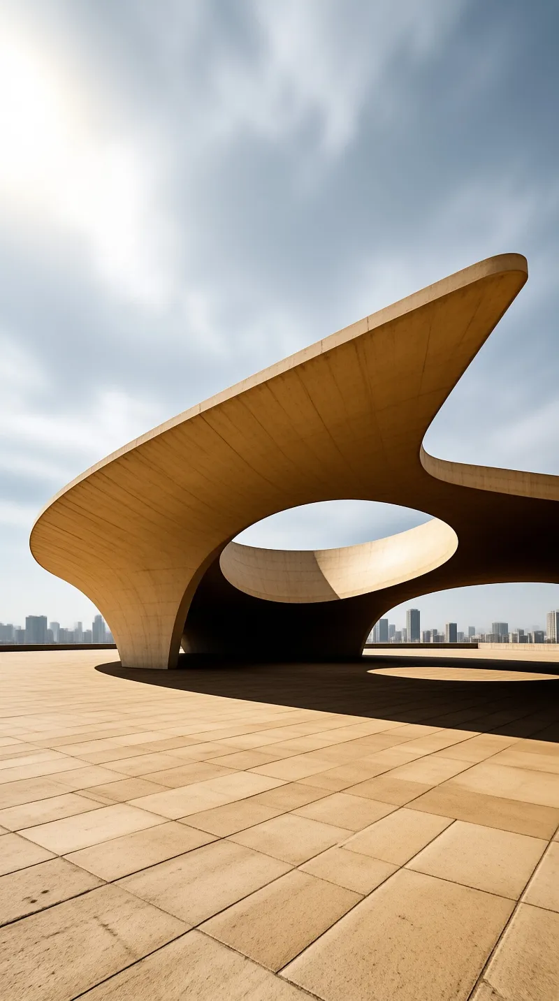 A sweeping wooden roof with a round opening shelters a stone plaza against soft cloud.