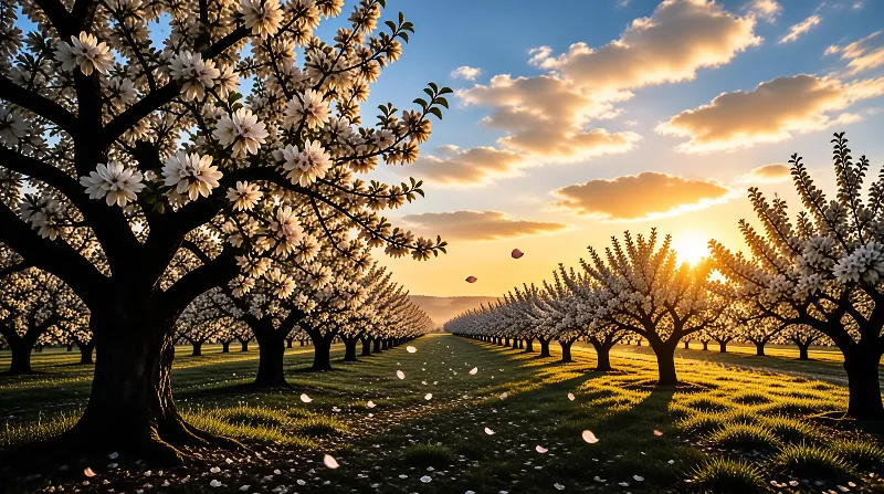 Symmetrical rows of flowering trees frame a grass corridor as petals drift through warm evening light.